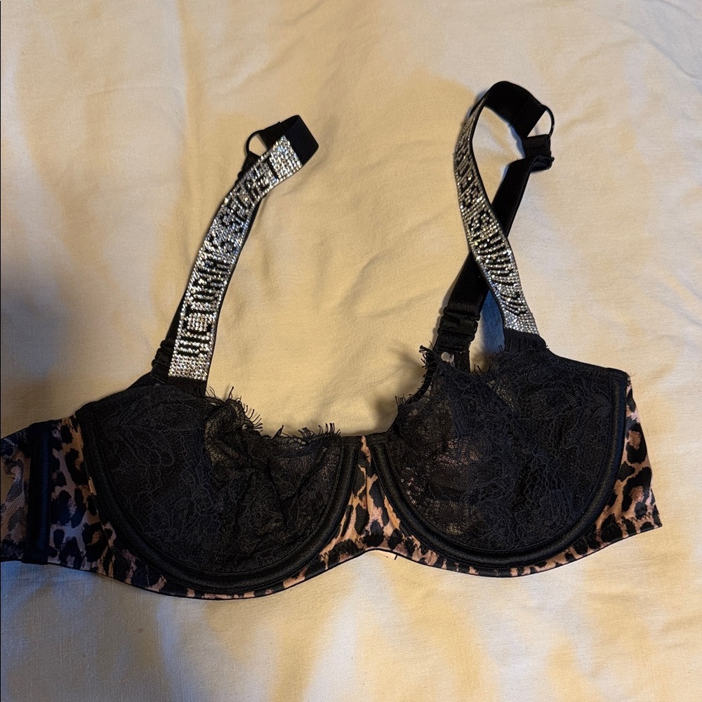 Victoria's Secret Balconette Black and Leopard Print Lace Bra